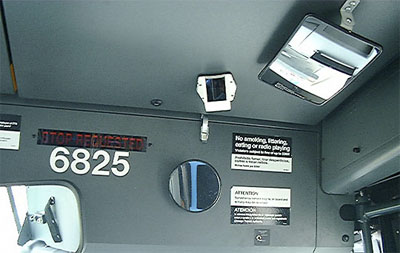A surveillance camera on a Chicago Transit Authority bus. Chicago has the largest network of bus surveillance in the U.S., with cameras on its entire fleet of more than 2,100 buses.