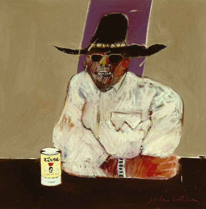 Indian With Beer Can (1969) is one of Fritz Scholder's most haunting images from his "Indian" series. Scholder painted what he observed, including alcoholism in Indian Country. Bill McLemore/Collection of Ralph and Ricky Lauren.