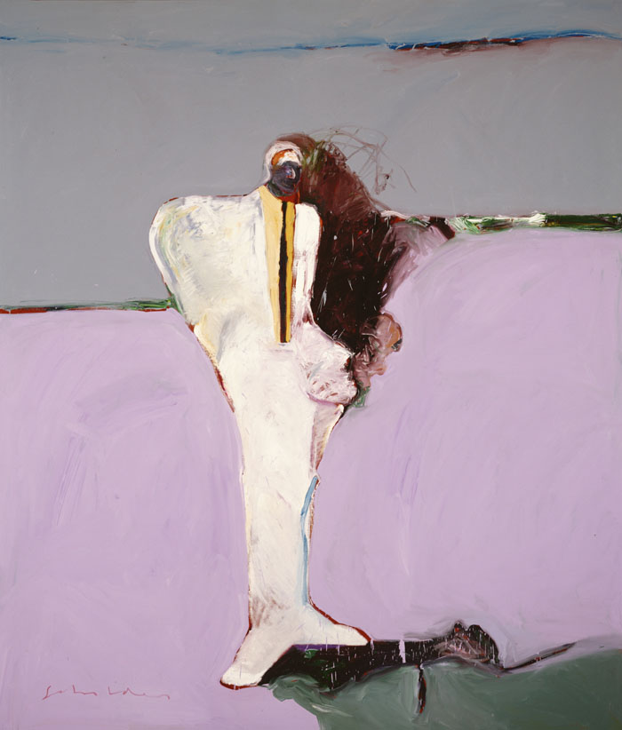 Scholder's work was largely autobiographical, and it often featured iconic and dyadic figures. The artist had scoliosis and so his right shoulder was slightly higher, an anatomical feature that is on display in Portrait with White Suit (1983). Collection of the Albuquerque Museum.