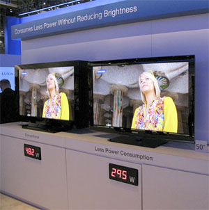Samsung touts televisions using less power in a side-by-side comparison at the International Consumer Electronics Show in Las Vegas.