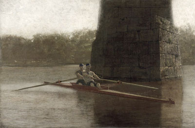 A pier from an earlier version of the Columbia Bridge casts a shadow in Thomas Eakins’s painting “The Pair-Oared Shell.” The Philadelphia Museum of Art.