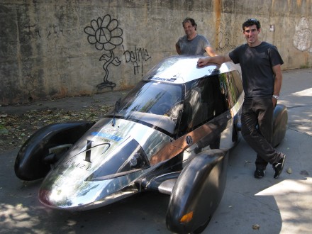 Team Edison2's Oliver Kuttner (left) and Brad Jaeger, one of the team's professional race car drivers, with the Very Light Car that won the mainstream class of the X Prize competition. ©Joshua Brockman 2010. All Rights Reserved.